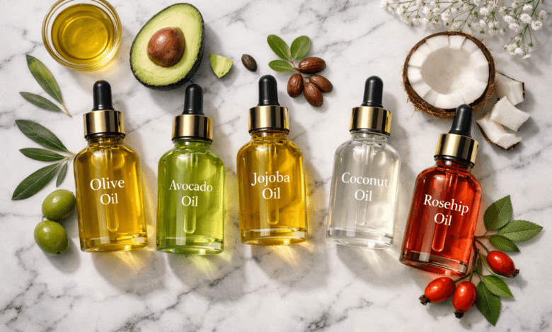 Professional flat-lay hero image: five glass dropper bottles of natural oils (olive, avocado, jojoba, coconut, rosehip)