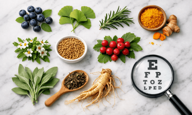 Professional flat-lay photography of 10 medicinal herbs for eye health arranged on a white marble surface: bilberry, ginkgo