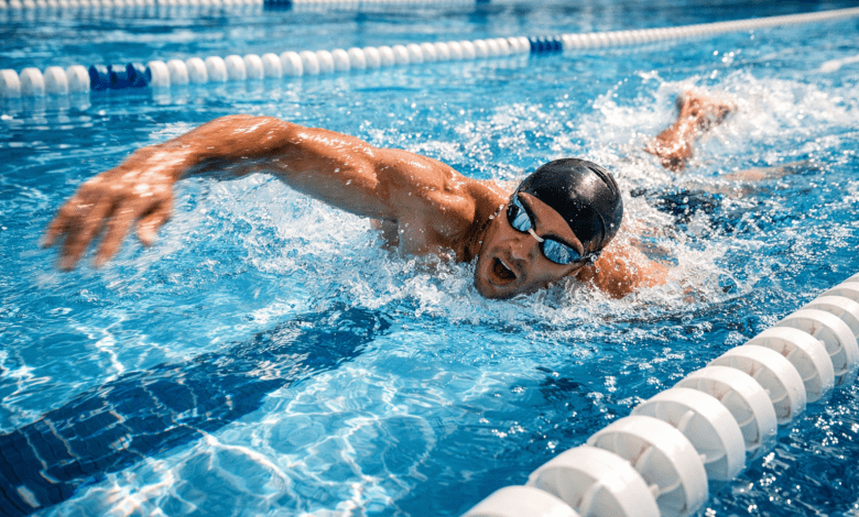 A fit adult swimmer mid-stroke in a clear blue lap pool, sunlight refracting through water, dynamic motion blur on arms,