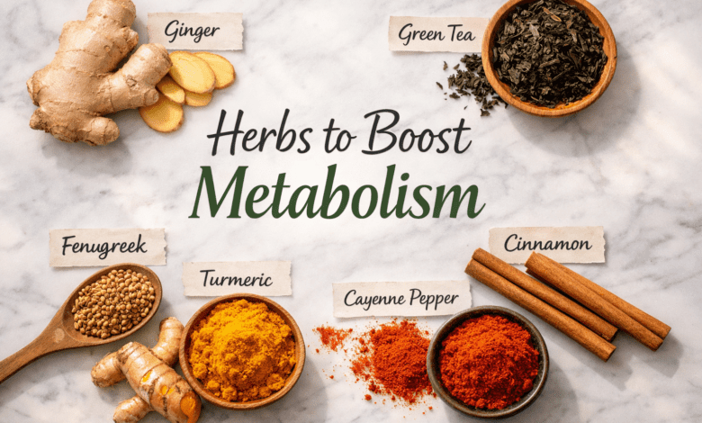 Professional hero image: flat-lay of metabolism-boosting herbs including ginger root, green tea leaves, turmeric, cinnamon