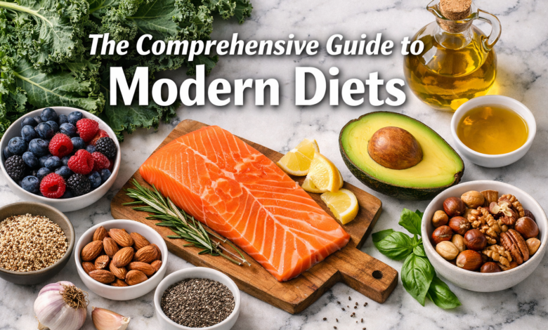 Professional () hero image with : 'The Comprehensive Guide to Modern Diets' in extra large white with subtle dark , centered