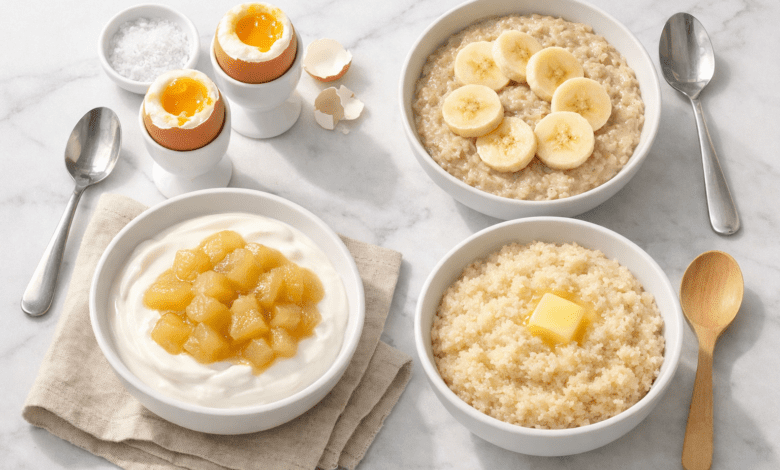 Professional food photography flat-lay of a nourishing bland diet breakfast spread: soft-boiled eggs, plain oatmeal with