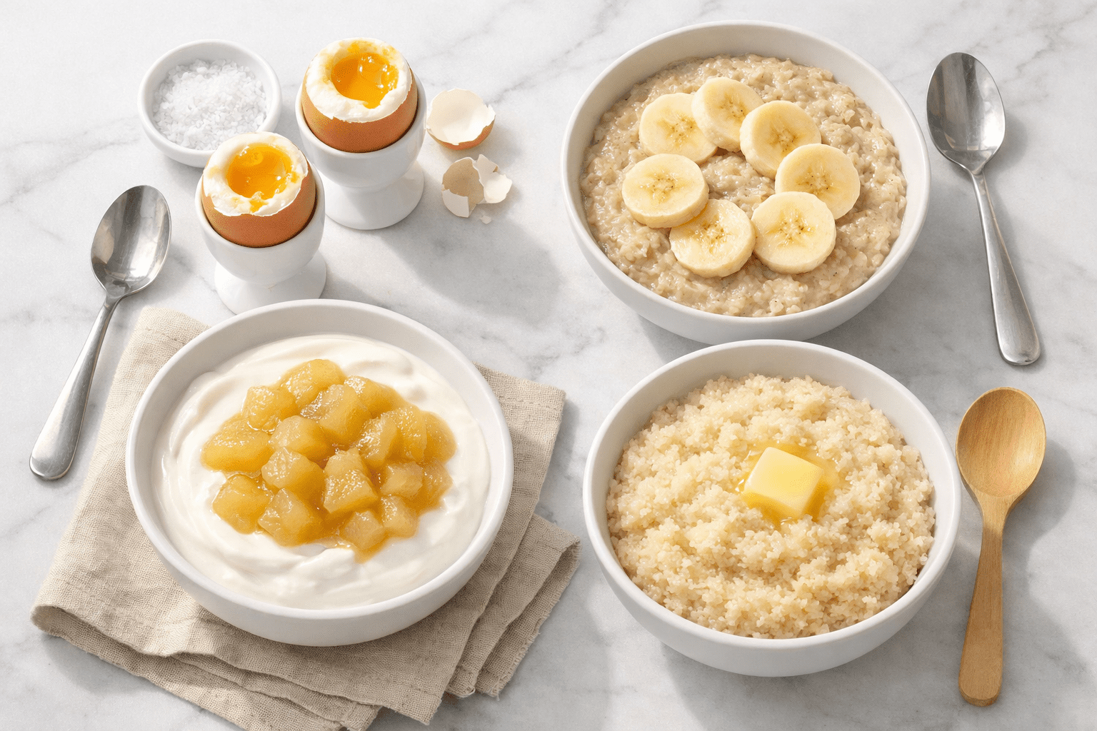 Professional food photography flat-lay of a nourishing bland diet breakfast spread: soft-boiled eggs, plain oatmeal with