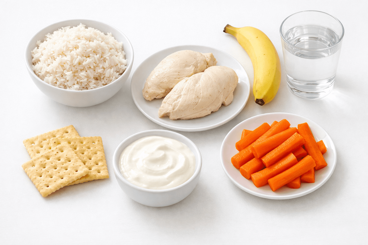 A clean, bright flat-lay photograph of bland diet foods arranged on a white surface: plain white rice, steamed chicken