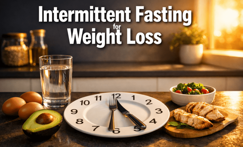 Professional () hero image with : 'Intermittent Fasting for Weight Loss' in extra large white with dark drop , centered