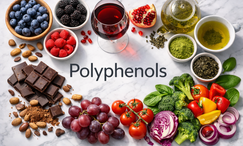 Professional hero image: a vibrant flat-lay of polyphenol-rich foods — dark berries, red wine glass, dark chocolate, green