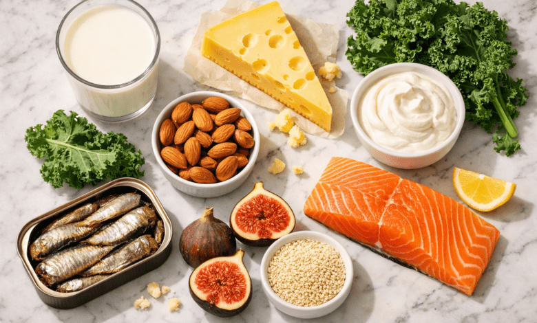 Professional hero image: vibrant flat-lay of calcium-rich foods arranged artfully on white marble — milk glass, cheese