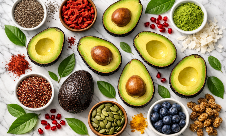 Vibrant overhead flat-lay of halved ripe Hass avocados, green leaves, and superfoods on white marble, soft natural lighting,