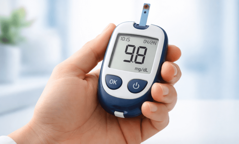 close-up of a person's hand with a glucometer showing blood sugar reading, soft clinical