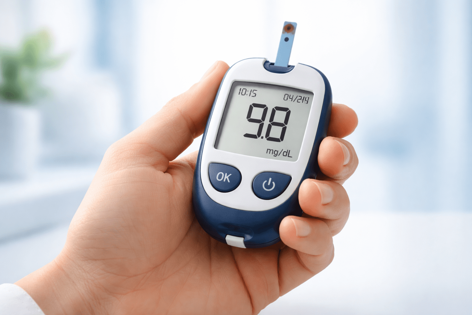close-up of a person's hand with a glucometer showing blood sugar reading, soft clinical