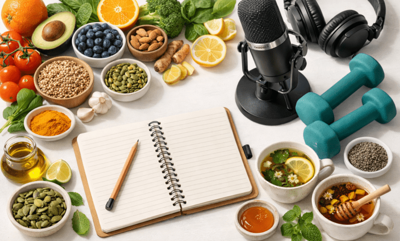 Professional health and wellness hub hero image: vibrant flat-lay of whole foods, dumbbells, a podcast microphone, herbal