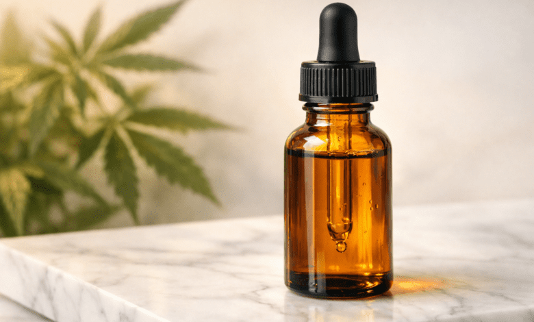 Professional hero image: close-up of amber CBD oil dropper bottle on white marble surface, hemp leaves softly blurred in