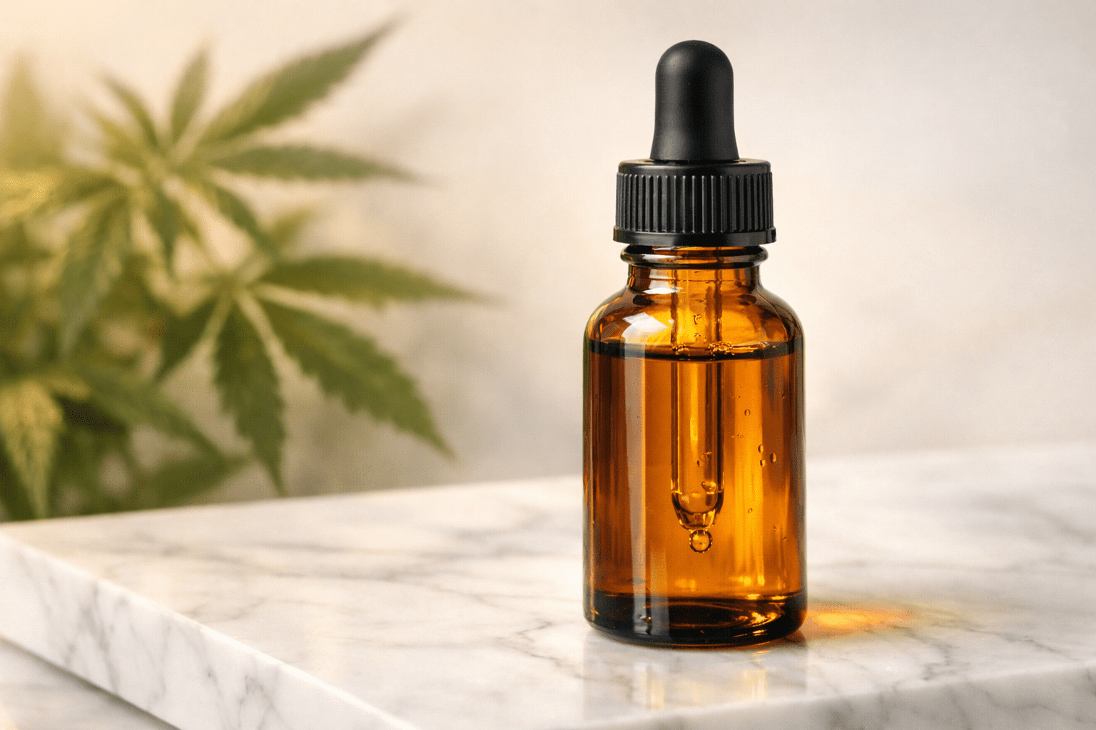 Professional hero image: close-up of amber CBD oil dropper bottle on white marble surface, hemp leaves softly blurred in