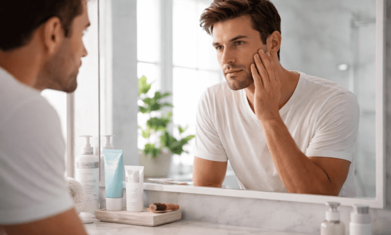 Top Skin Care Tips for Men. Professional photo-realistic hero image: confident man in his 30s examining his skin in a well-lit bathroom mirror,