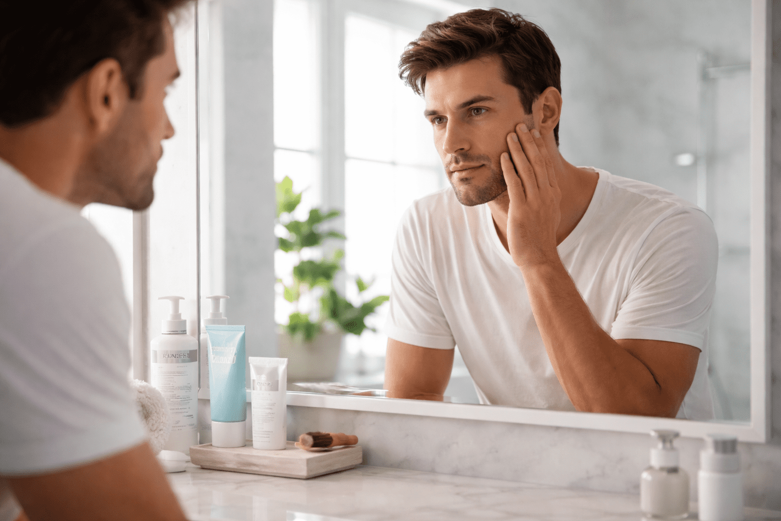 Top Skin Care Tips for Men. Professional photo-realistic hero image: confident man in his 30s examining his skin in a well-lit bathroom mirror,
