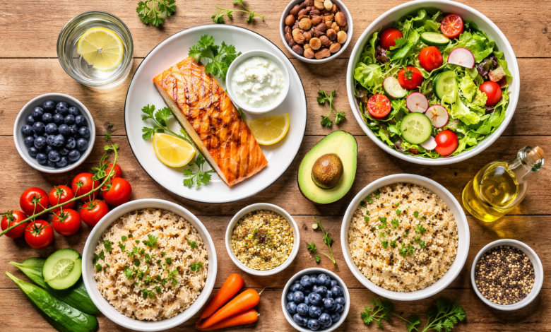 Professional hero image: a well-lit flat-lay overhead shot of a balanced meal spread across a wooden table — colorful