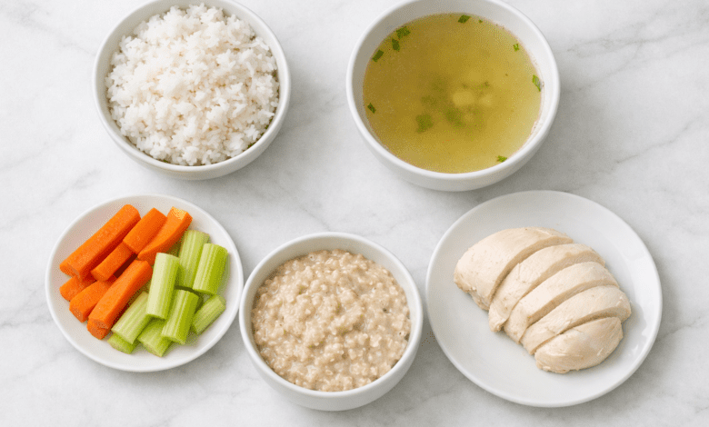 Professional food photography flat lay of bland diet meal spread: white rice bowl, clear chicken broth in ceramic bowl,