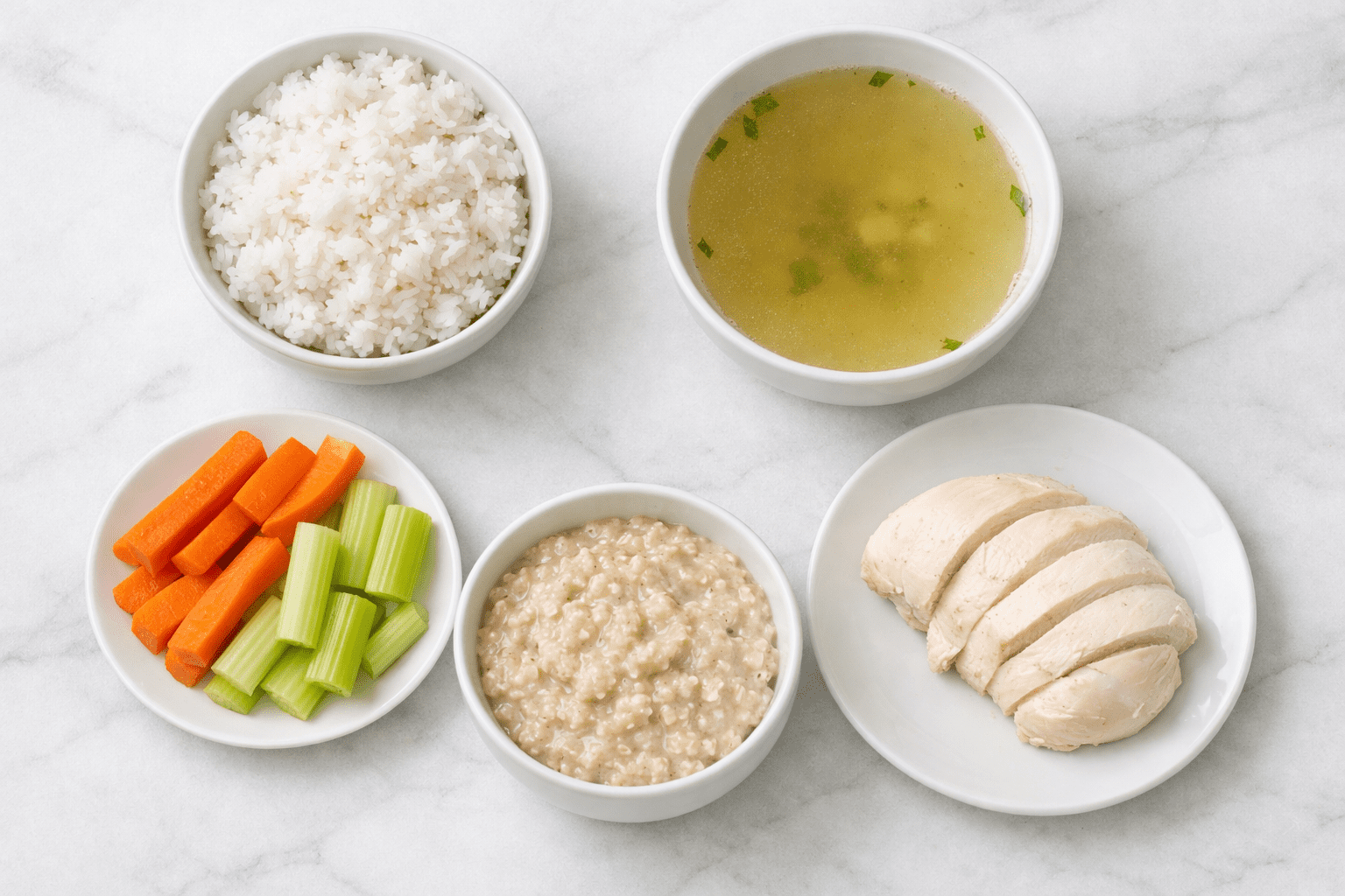 Professional food photography flat lay of bland diet meal spread: white rice bowl, clear chicken broth in ceramic bowl,
