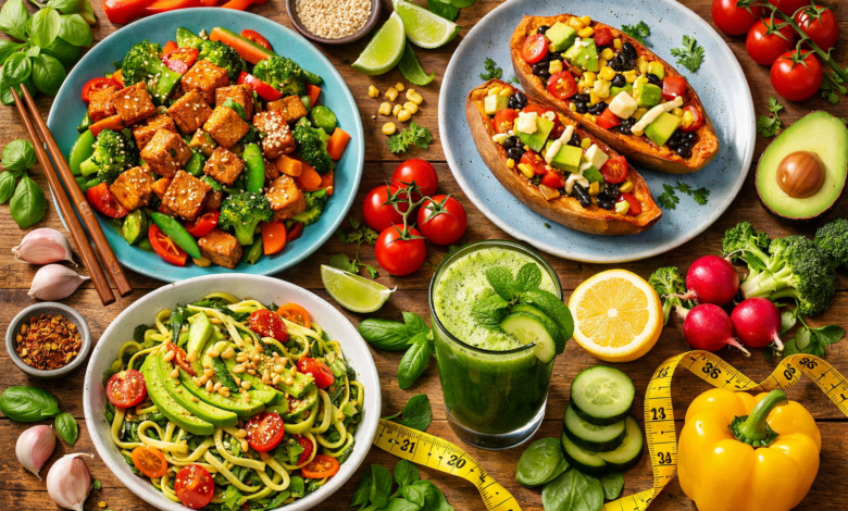 Vibrant flat-lay of colorful vegan dishes including tempeh stir fry, stuffed sweet potato, zucchini noodles, and a green