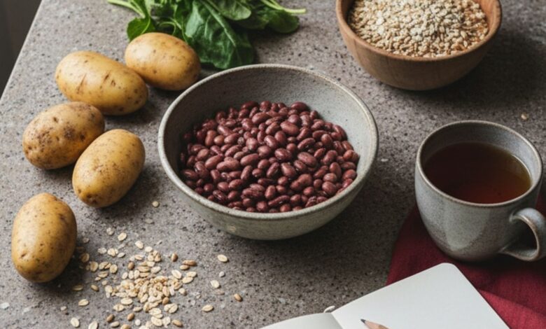 Cooked kidney beans, potatoes, leafy greens, grains and tea on a kitchen counter.