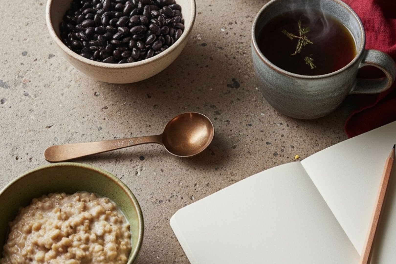 Beans, grains, tea and a blank notebook arranged on a natural surface.