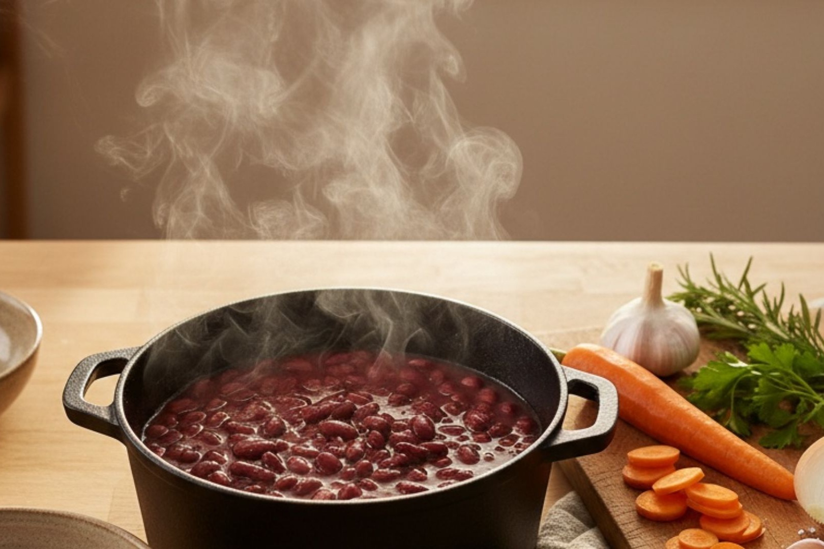 A pot of simmering kidney beans with vegetables on a kitchen counter.