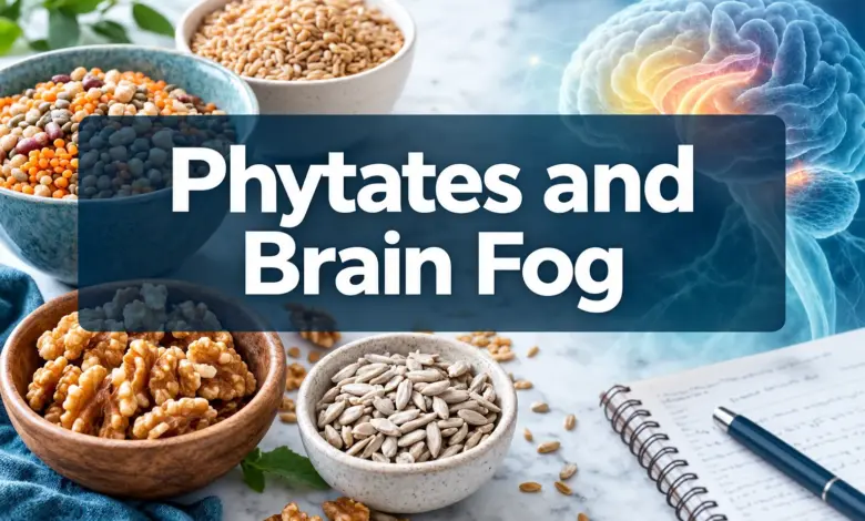 Bowls of grains, legumes, nuts and seeds beside a stylised brain, titled Phytates and Brain Fog