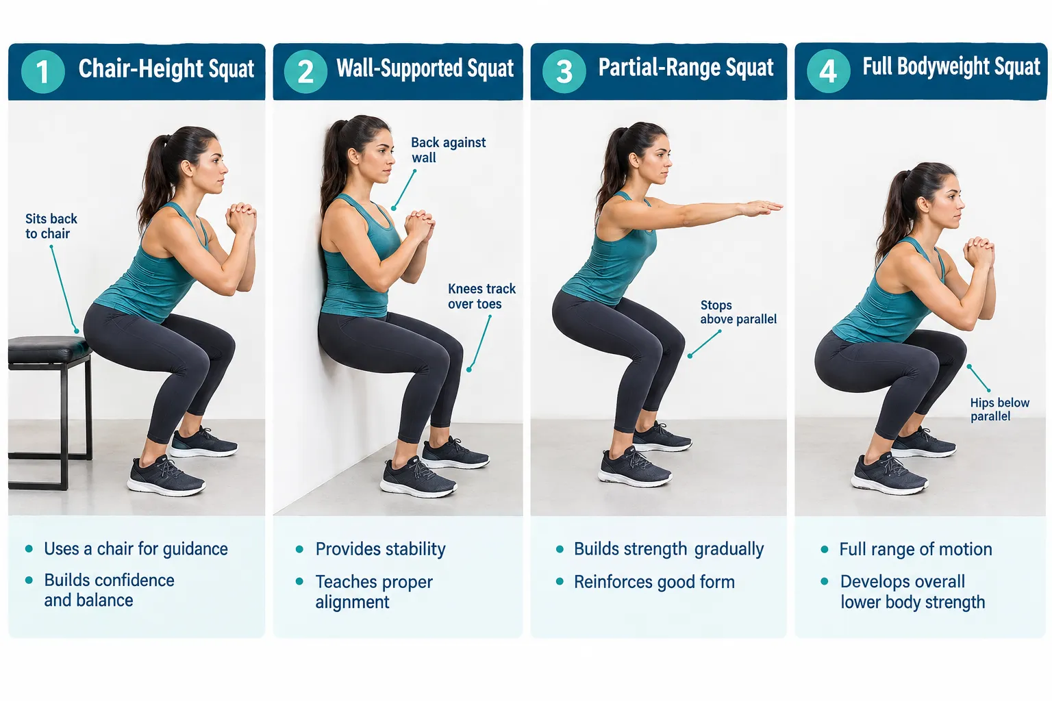 Illustrated bodyweight-squat options: chair-height, wall-supported, partial-range, and full-range versions.