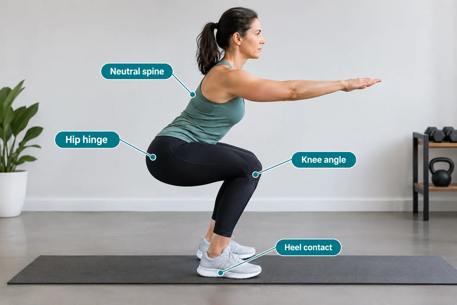 Side-view bodyweight squat with concise visual cues for the hip hinge, knee position, heel contact, and an upright trunk.