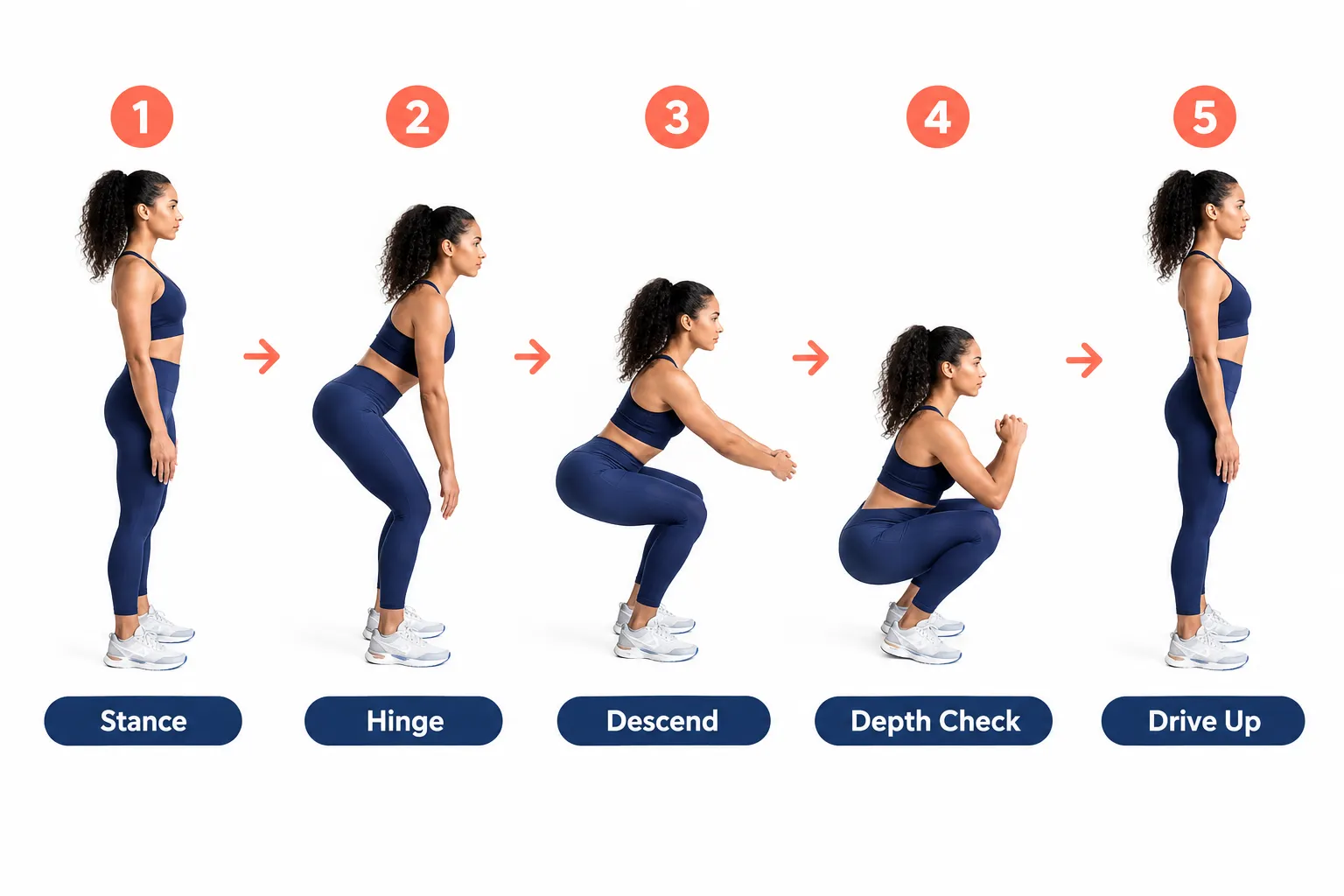 A five-step visual sequence showing stance, hinge, controlled descent, a depth check, and standing up in a bodyweight squat.