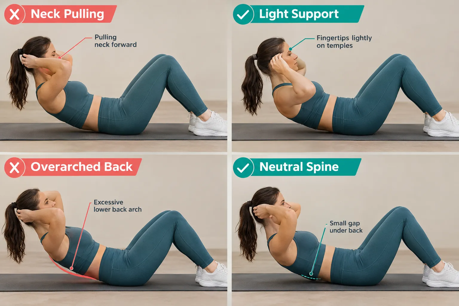 A visual comparison of common crunch errors, including pulling on the neck and exaggerating the lower-back arch, alongside lighter hand support and a more comfortable setup.