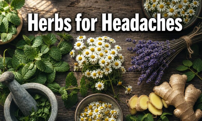 Herbs for headaches including mint, chamomile, lavender and ginger