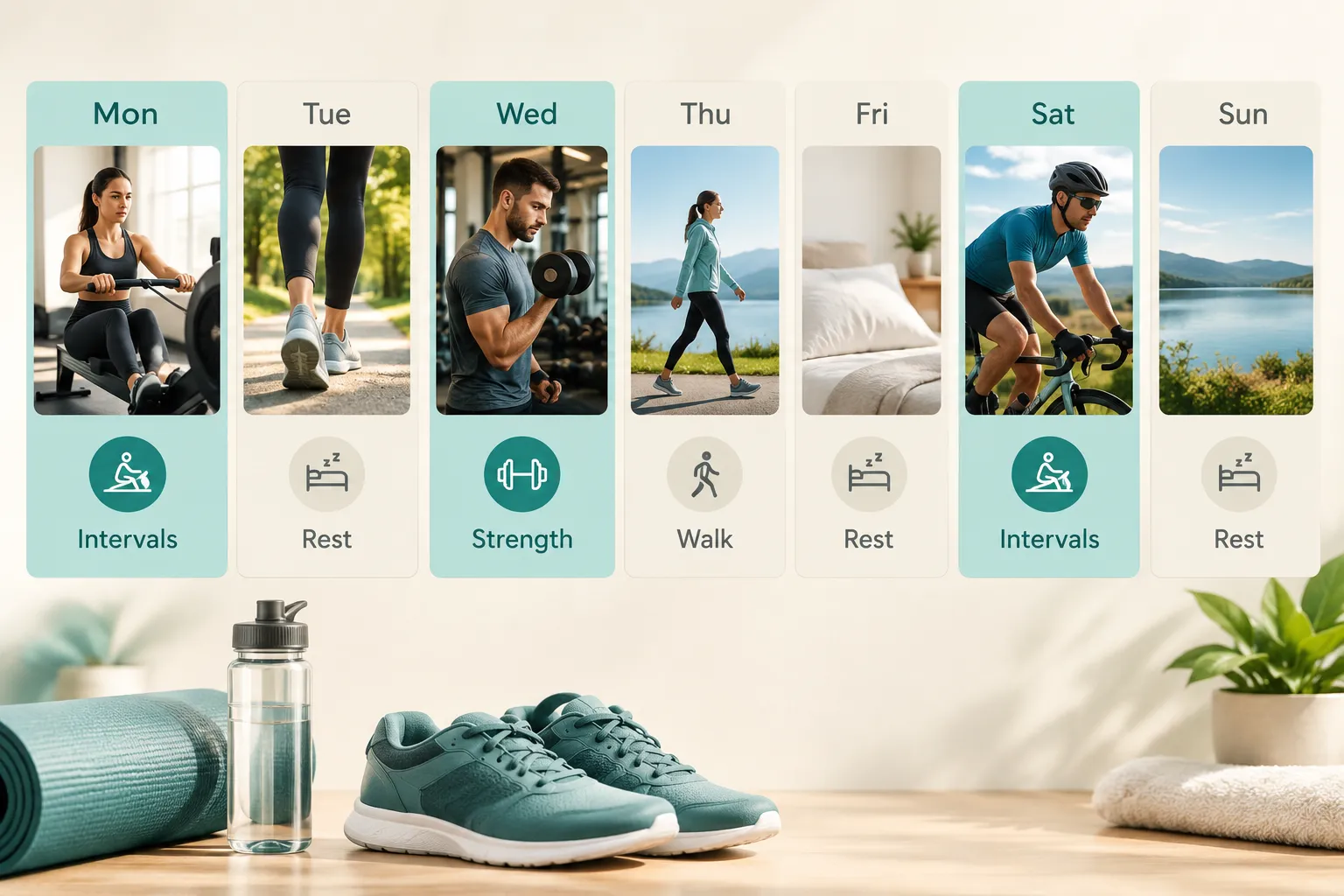 Sample weekly schedule with intervals on Monday and Saturday, strength on Wednesday, walking on Thursday, and rest or recovery on the remaining days.