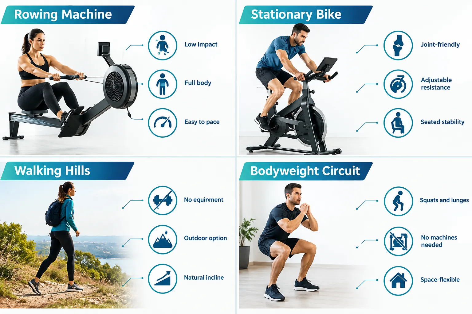 Four illustrated interval-training options: rowing machine, stationary bike, hill walking, and a bodyweight circuit.