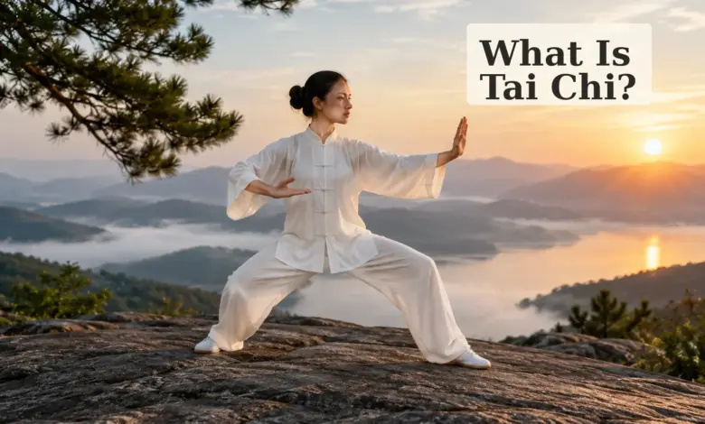 Tai Chi practitioner on a rocky overlook at sunrise