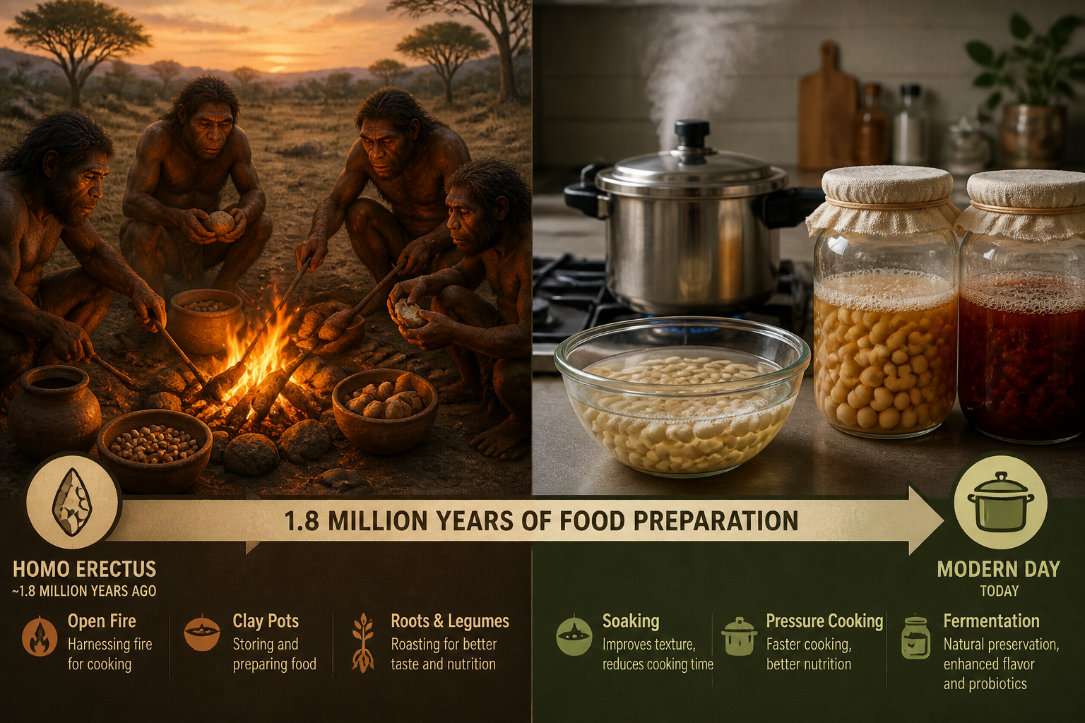 Illustrated timeline comparing traditional and modern food-preparation methods.
