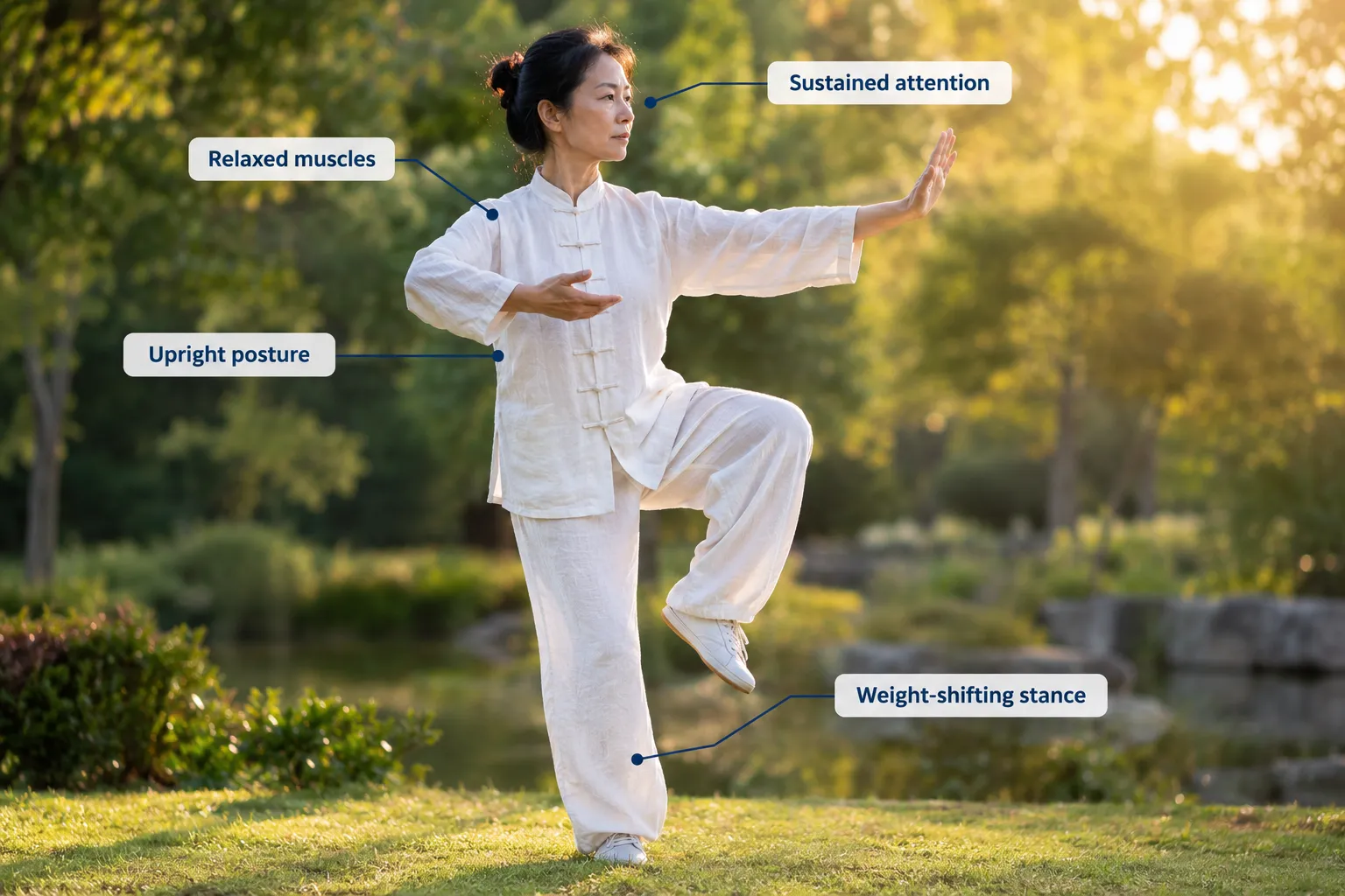 Tai Chi practitioner in a one-leg balance variation outdoors