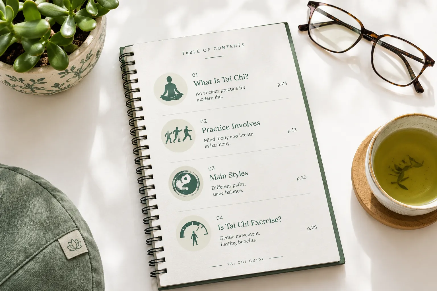 Tai Chi guide on a desk with a table of contents