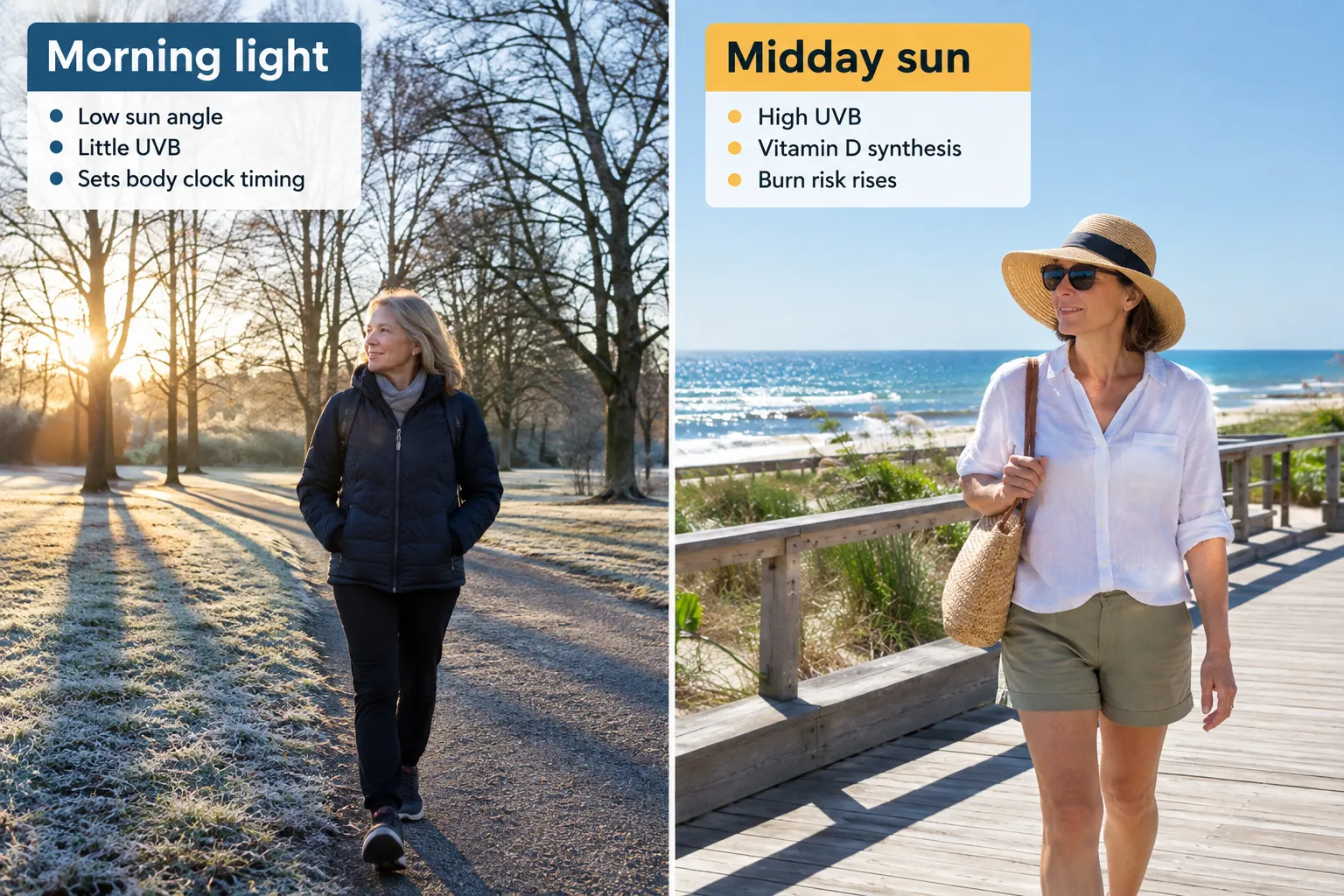 Comparison illustration of low-angle morning light and brighter midday sun