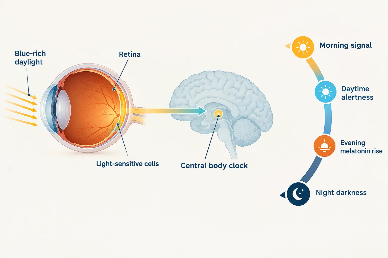 Illustration showing daylight reaching the eye and influencing the body clock