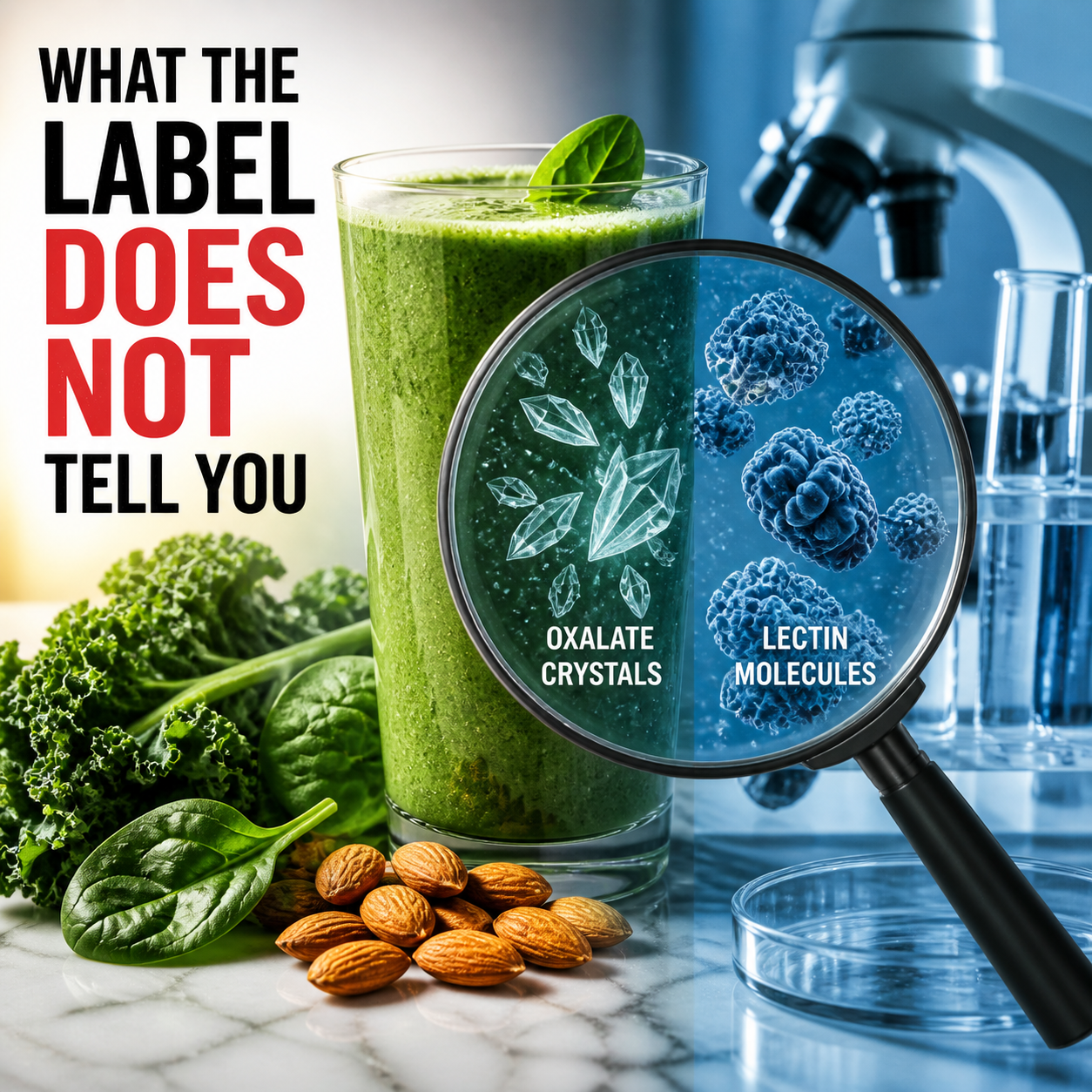 Illustrative food-and-laboratory graphic about oxalates and lectins.