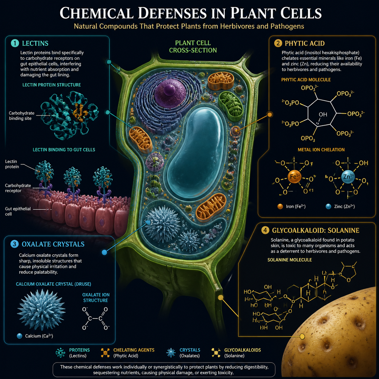 Illustrated overview of plant chemical defenses, including lectins, phytate, oxalates, and glycoalkaloids.