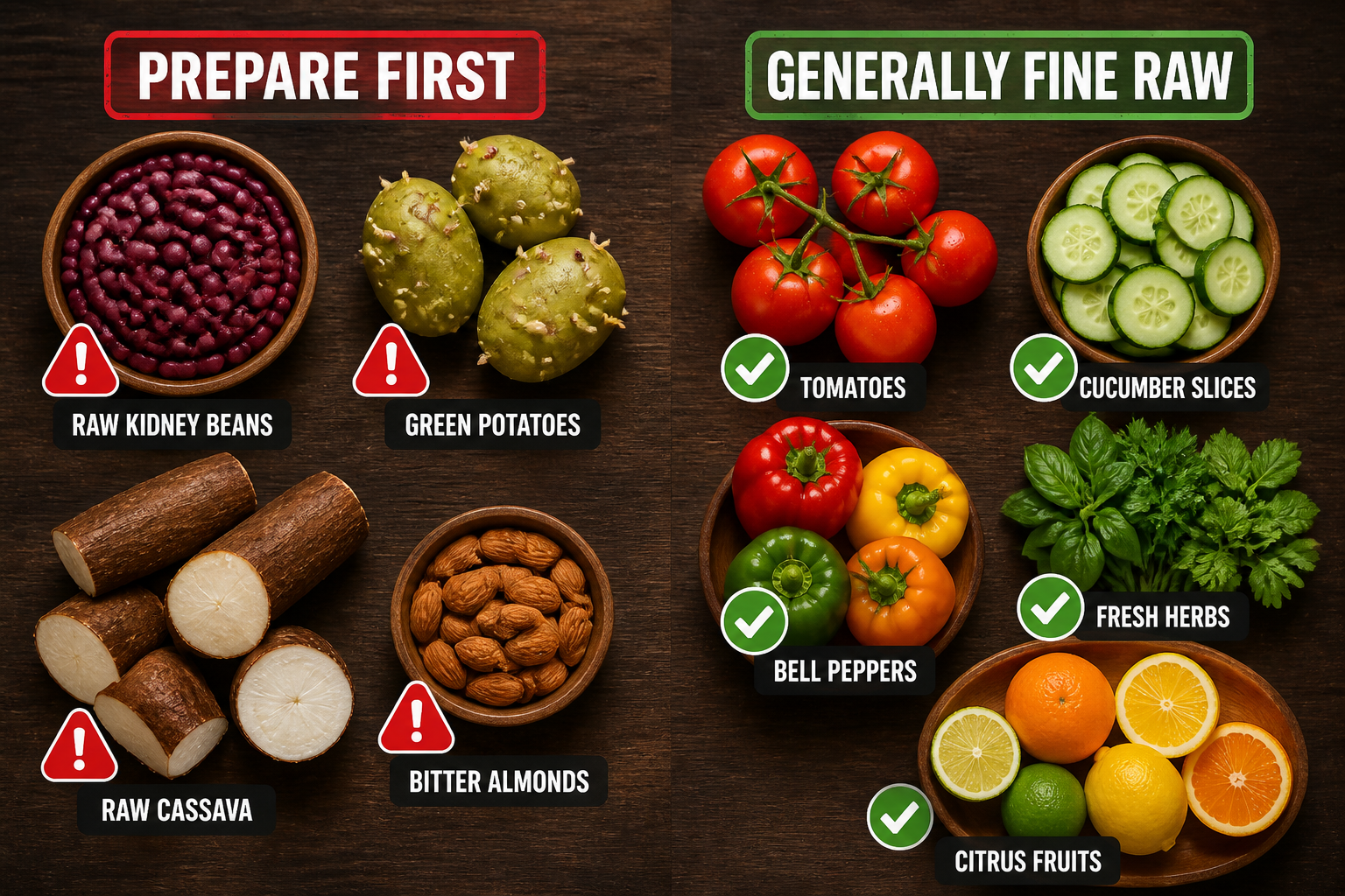 Food-safety infographic distinguishing foods that need preparation from foods generally eaten raw.