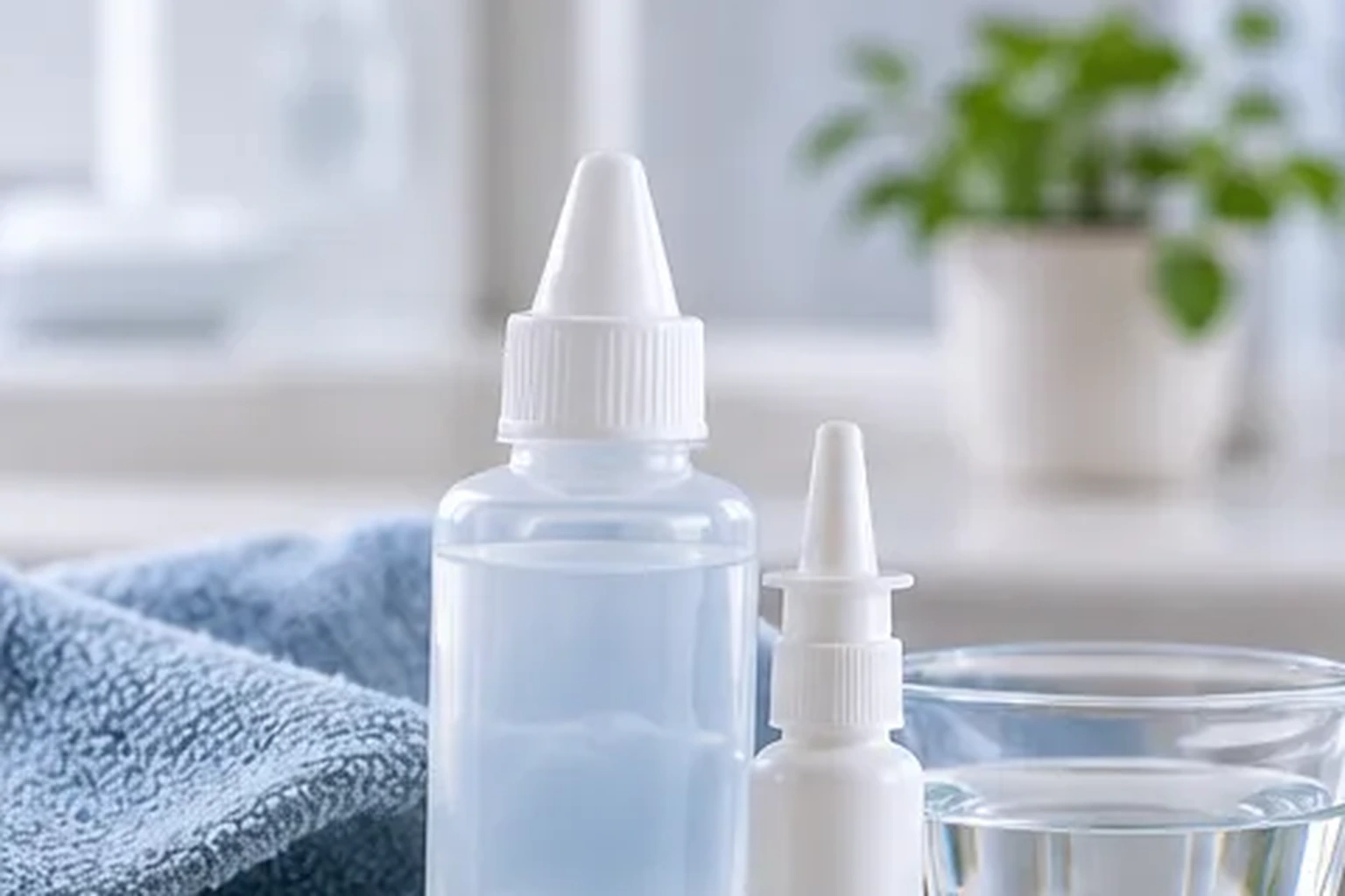 Unbranded nasal-spray-style bottles beside water and a folded towel