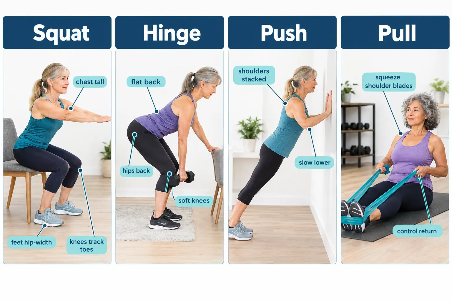 Woman using a light dumbbell beside a stable kitchen counter for balance support