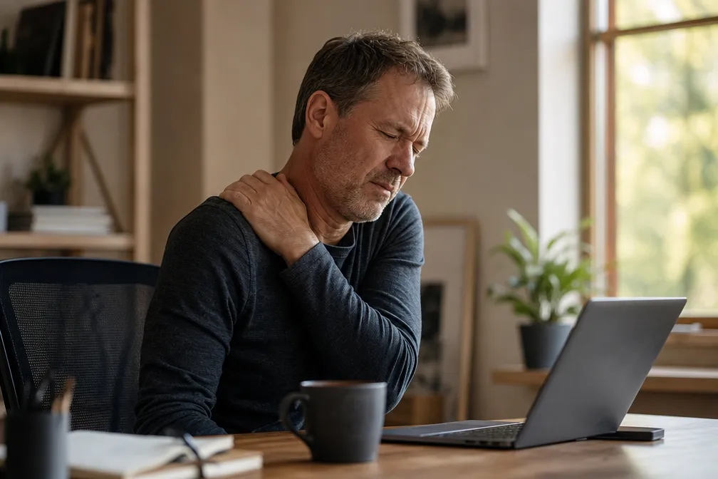 A man taking a quiet break at a desk with his hand at his neck and shoulder.