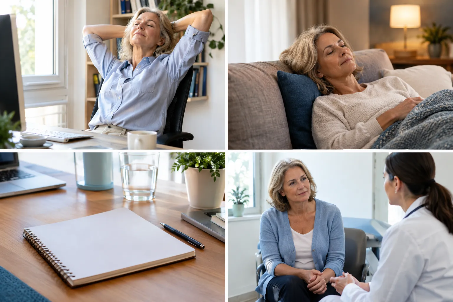 A four-panel collage showing a desk break, rest, a blank notebook, and a calm clinician conversation.