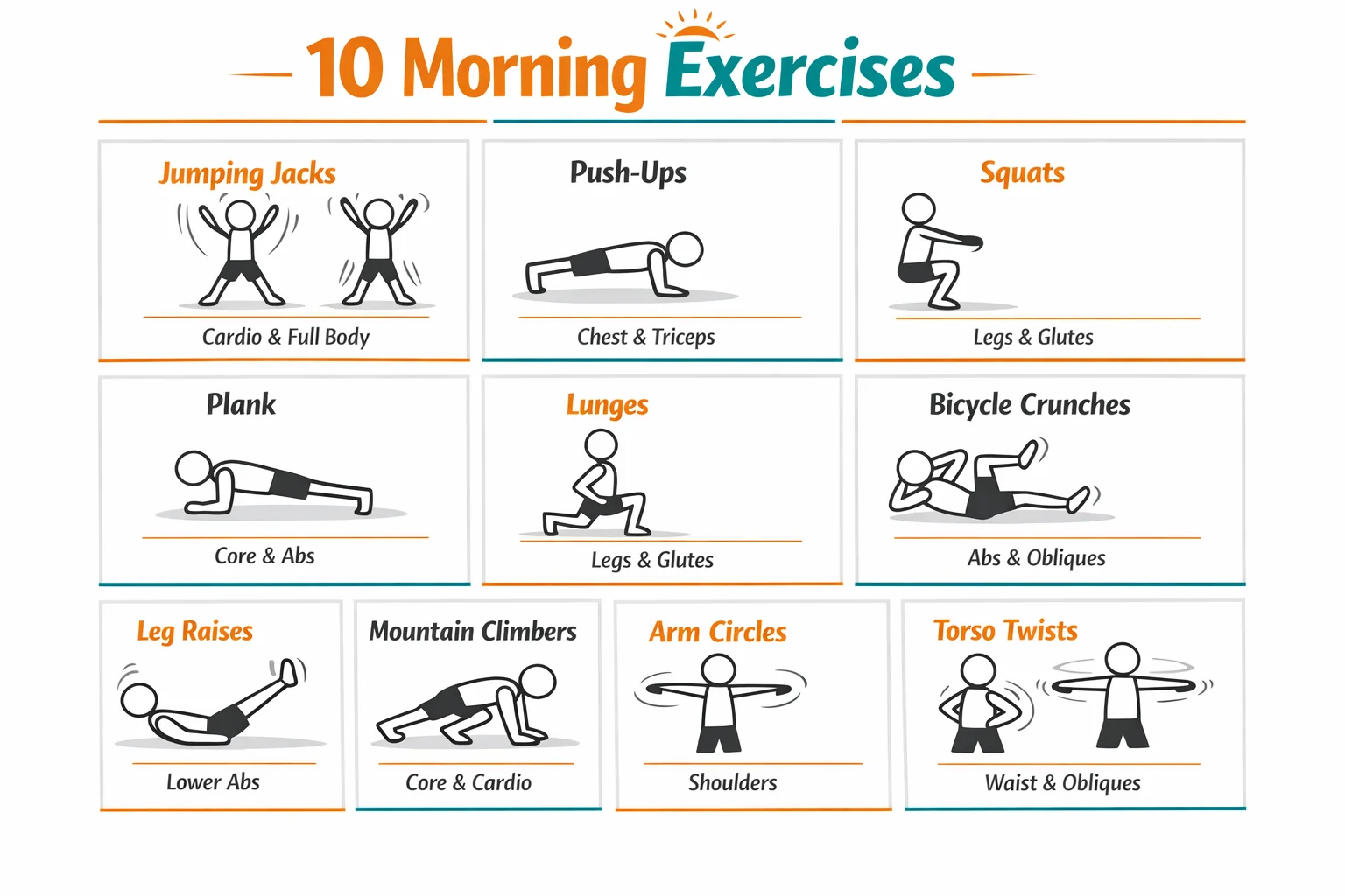 Illustrated overview of ten morning exercises at home