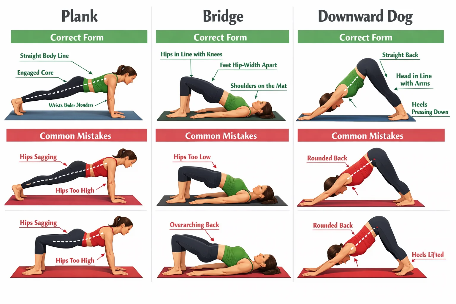 Illustrated form overview for plank, bridge, and downward dog