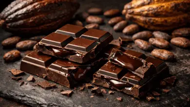 Professional hero image: rich dark chocolate bar broken into pieces revealing glossy interior, scattered cocoa beans and